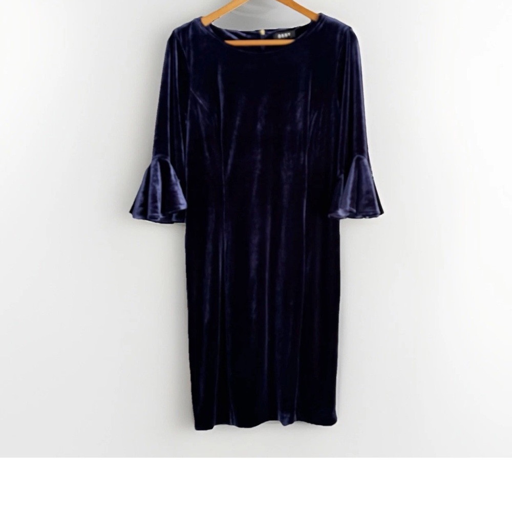 DNKY Women’s Navy Blue Velvet Shift Dress Sz Large Bell Sleeves Holiday Party